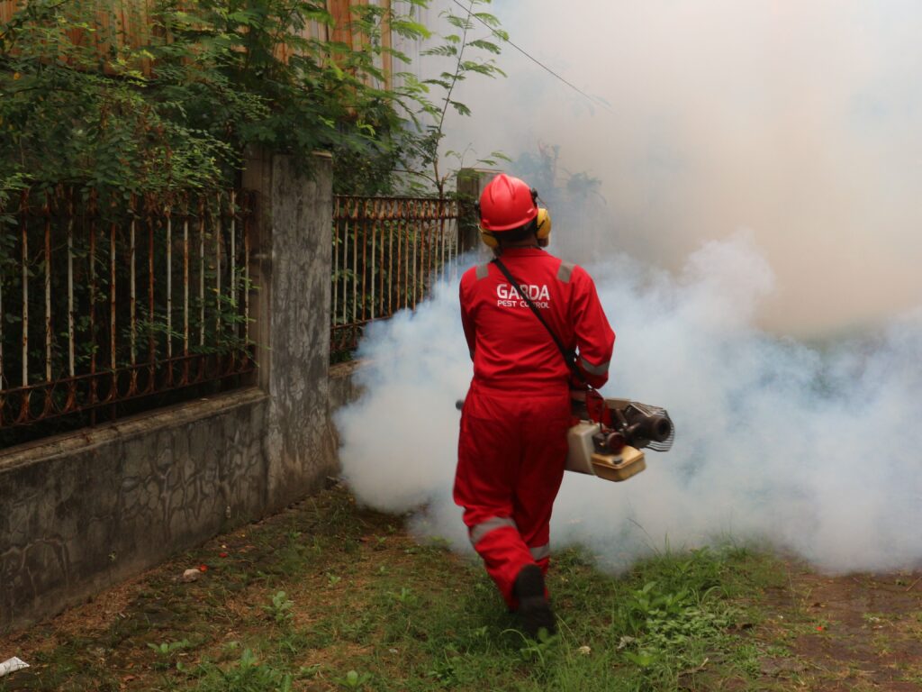 A pest control dubai worker fogging in an outdoor space with smoke to eliminate pests.